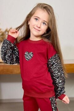 Kız Çocuk Bisiklet Yaka Kollarında ve Göğsünde Kalp Pulpayet İşlemeli Kırmızı Eşofman Takım