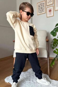 Erkek Çocuk Kapak Cepli Bisiklet Yaka Sweatshirt Krem Eşofman Takım