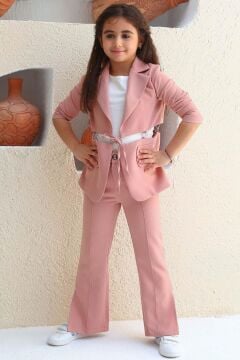 Kız Çocuk Halka Detaylı Blazer Ceket ve  Yırtmaç Detaylı İspanyol Paçalı Pantolon Pudra Alt Üst Takım