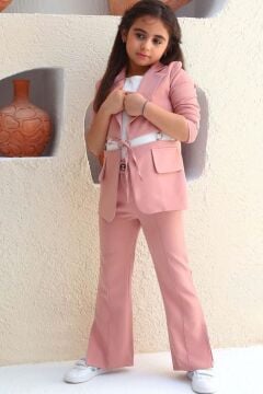 Kız Çocuk Halka Detaylı Blazer Ceket ve  Yırtmaç Detaylı İspanyol Paçalı Pantolon Pudra Alt Üst Takım