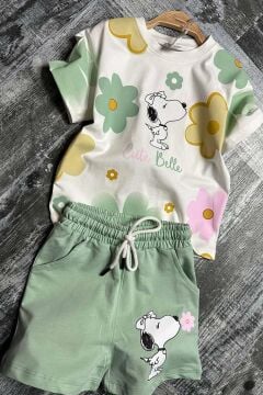 Kız Çocuk Digital ve Çiçek Baskılı Yeşil Şortlu Takım