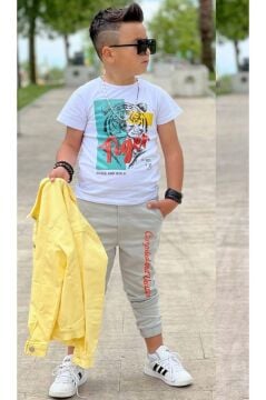 Erkek Çocuk Kaplan Detaylı T-shirt Sırt Baskılı Sarı Jean Ceket Kargo Cepli Alt Üst Takım