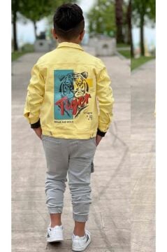 Erkek Çocuk Kaplan Detaylı T-shirt Sırt Baskılı Sarı Jean Ceket Kargo Cepli Alt Üst Takım