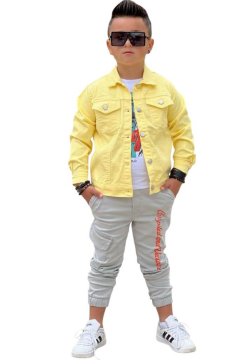 Erkek Çocuk Kaplan Detaylı T-shirt Sırt Baskılı Sarı Jean Ceket Kargo Cepli Alt Üst Takım