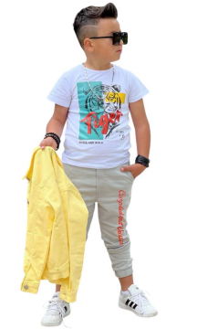 Erkek Çocuk Kaplan Detaylı T-shirt Sırt Baskılı Sarı Jean Ceket Kargo Cepli Alt Üst Takım