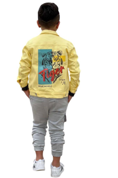 Erkek Çocuk Kaplan Detaylı T-shirt Sırt Baskılı Sarı Jean Ceket Kargo Cepli Alt Üst Takım