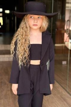 Kız Çocuk Beli ve Sırtı Dekolteli ve Saçaklı Blazer Ceketli Crop ve Pantolonlu Siyah Alt Üst Takım