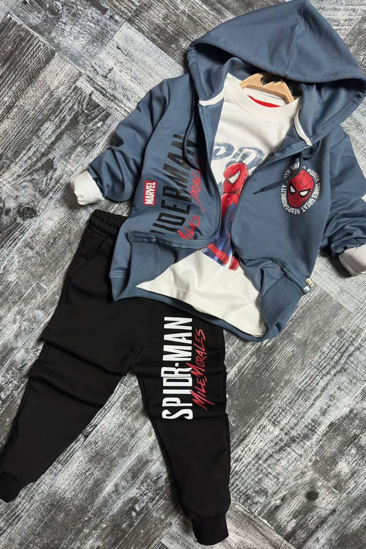 Erkek Çocuk Örümcek Adam Baskılı ve Yazı Detaylı Kapüşonlu Lacivert Ceket Eşofman Takım