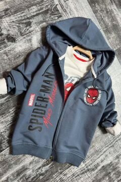 Erkek Çocuk Örümcek Adam Baskılı ve Yazı Detaylı Kapüşonlu Lacivert Ceket Eşofman Takım