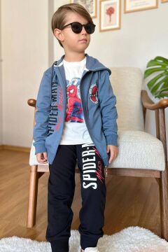 Erkek Çocuk Örümcek Adam Baskılı ve Yazı Detaylı Kapüşonlu Lacivert Ceket Eşofman Takım