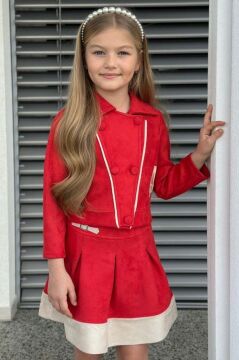 Kız Çocuk Asimetrik Kesim Gömlek Yaka Ceket Eteği Şerit Detaylı Pliseli Süet Kırmızı Etekli Takım