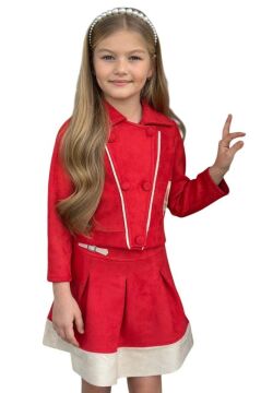 Kız Çocuk Asimetrik Kesim Gömlek Yaka Ceket Eteği Şerit Detaylı Pliseli Süet Kırmızı Etekli Takım