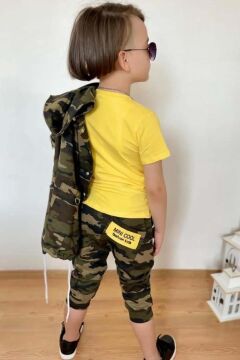 Erkek Çocuk Yazı Baskılı ve Çıtçıt Düğme Detaylı Kamuflaj Sarı Eşofman Takım