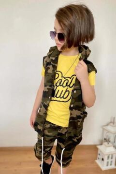 Erkek Çocuk Yazı Baskılı ve Çıtçıt Düğme Detaylı Kamuflaj Sarı Eşofman Takım