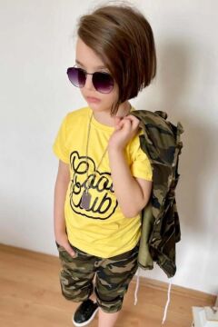 Erkek Çocuk Yazı Baskılı ve Çıtçıt Düğme Detaylı Kamuflaj Sarı Eşofman Takım