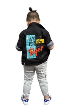 Erkek Çocuk Kaplan Detaylı T-shirt Sırt Baskılı Siyah Jean Ceket Kargo Cepli Alt Üst Takım