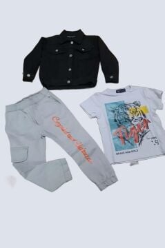 Erkek Çocuk Kaplan Detaylı T-shirt Sırt Baskılı Siyah Jean Ceket Kargo Cepli Alt Üst Takım
