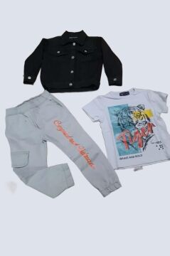 Erkek Çocuk Kaplan Detaylı T-shirt Sırt Baskılı Siyah Jean Ceket Kargo Cepli Alt Üst Takım