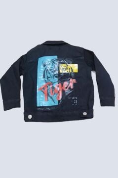 Erkek Çocuk Kaplan Detaylı T-shirt Sırt Baskılı Siyah Jean Ceket Kargo Cepli Alt Üst Takım