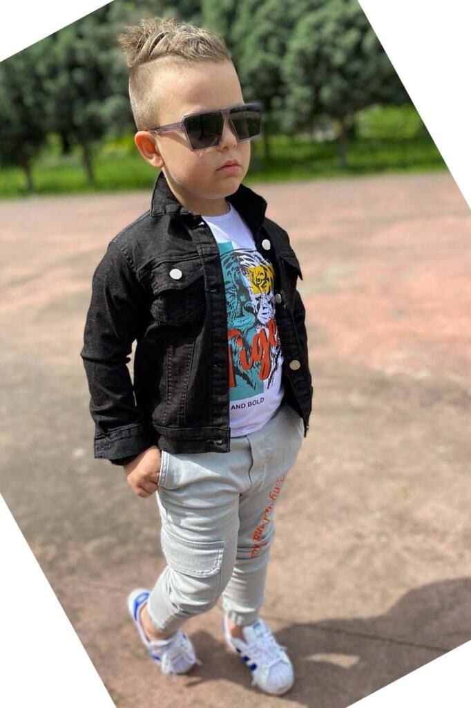 Erkek Çocuk Kaplan Detaylı T-shirt Sırt Baskılı Siyah Jean Ceket Kargo Cepli Alt Üst Takım