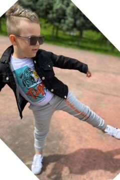 Erkek Çocuk Kaplan Detaylı T-shirt Sırt Baskılı Siyah Jean Ceket Kargo Cepli Alt Üst Takım