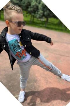 Erkek Çocuk Kaplan Detaylı T-shirt Sırt Baskılı Siyah Jean Ceket Kargo Cepli Alt Üst Takım