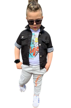 Erkek Çocuk Kaplan Detaylı T-shirt Sırt Baskılı Siyah Jean Ceket Kargo Cepli Alt Üst Takım