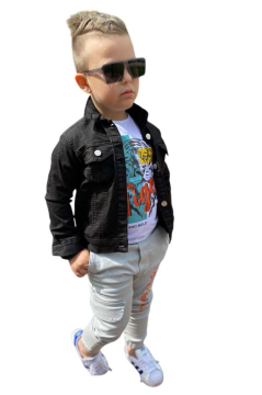 Erkek Çocuk Kaplan Detaylı T-shirt Sırt Baskılı Siyah Jean Ceket Kargo Cepli Alt Üst Takım