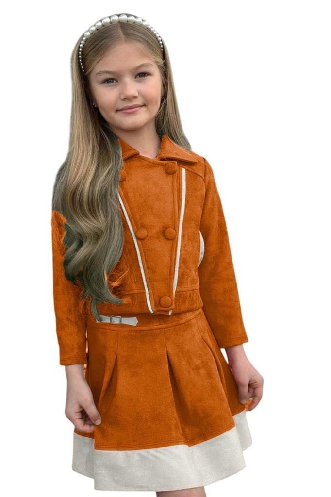 Kız Çocuk Asimetrik Kesim Gömlek Yaka Ceket Eteği Şerit Detaylı Pliseli Süet Taba Etekli Takım