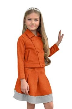 Kız Çocuk Asimetrik Kesim Gömlek Yaka Ceket Eteği Şerit Detaylı Pliseli Süet Taba Etekli Takım