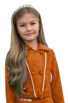 Kız Çocuk Asimetrik Kesim Gömlek Yaka Ceket Eteği Şerit Detaylı Pliseli Süet Taba Etekli Takım