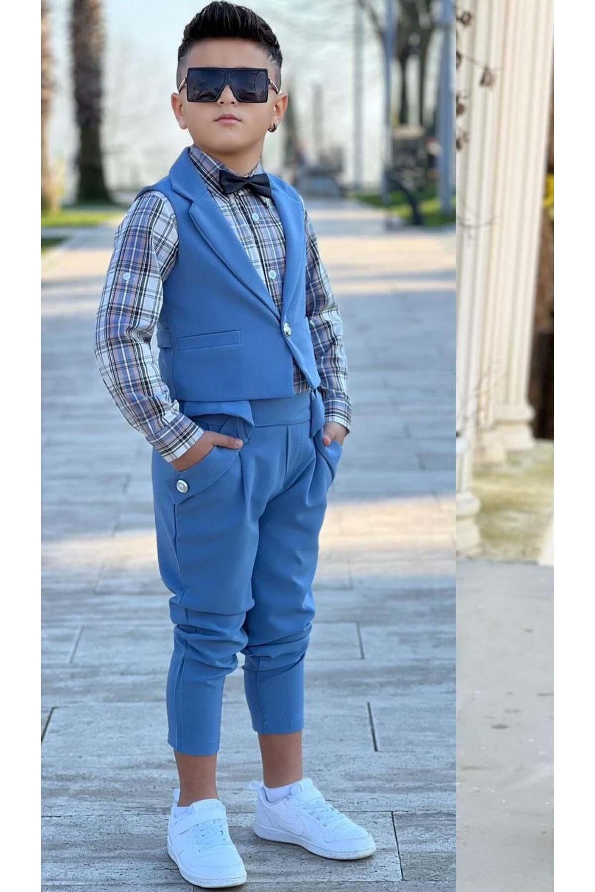 Erkek Çocuk Gümüş Düğme Detaylı Yelek Papyonlu Ekose Çizgili Gömlek Mavi Alt Üst Takım