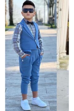 Erkek Çocuk Gümüş Düğme Detaylı Yelek Papyonlu Ekose Çizgili Gömlek Mavi Alt Üst Takım