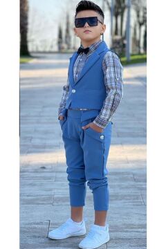 Erkek Çocuk Gümüş Düğme Detaylı Yelek Papyonlu Ekose Çizgili Gömlek Mavi Alt Üst Takım