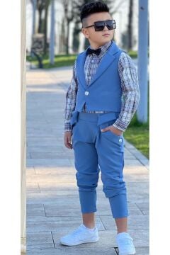 Erkek Çocuk Gümüş Düğme Detaylı Yelek Papyonlu Ekose Çizgili Gömlek Mavi Alt Üst Takım
