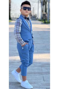 Erkek Çocuk Gümüş Düğme Detaylı Yelek Papyonlu Ekose Çizgili Gömlek Mavi Alt Üst Takım