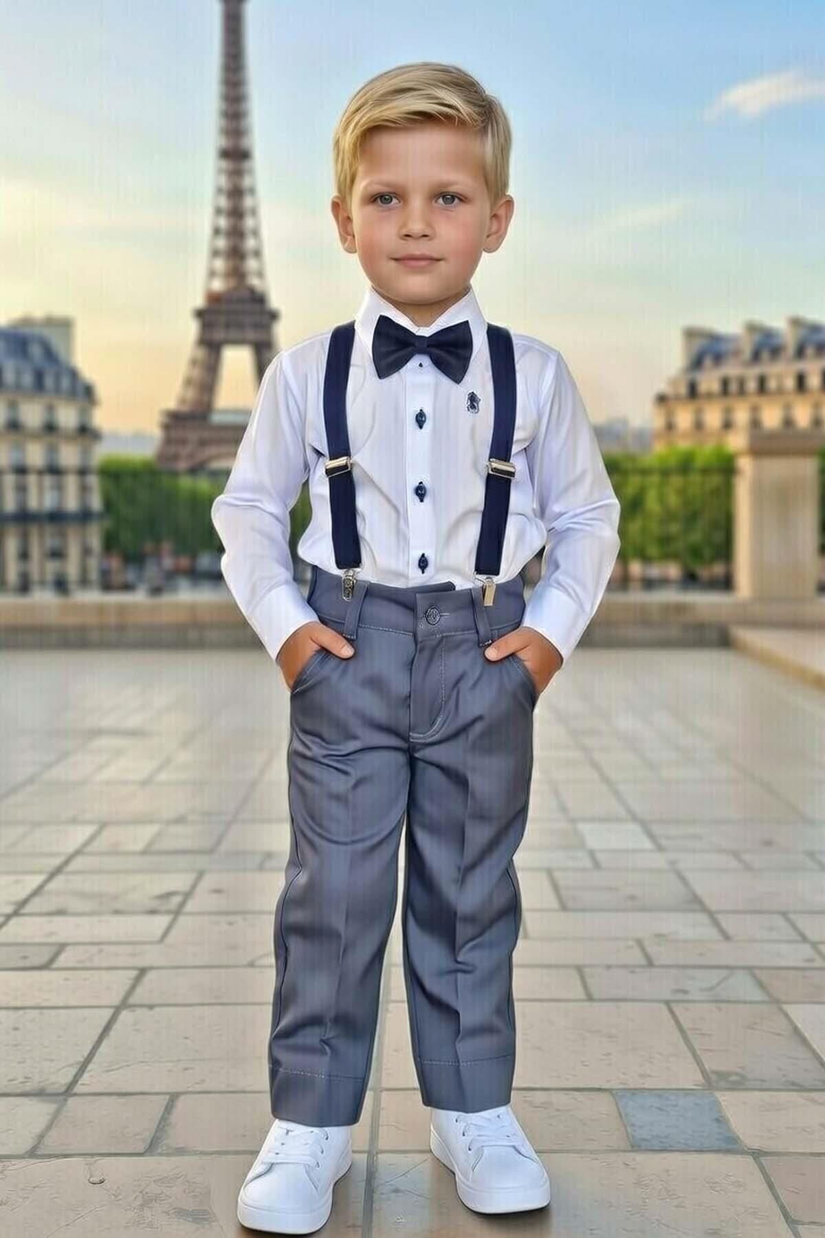 Erkek Çocuk Armalı Uzun Kol Gömlek Askılı Gri Pantolon Alt Üst Takım
