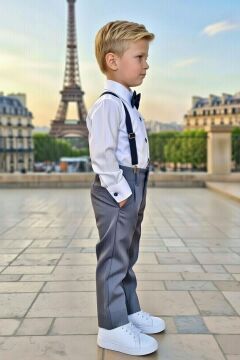 Erkek Çocuk Armalı Uzun Kol Gömlek Askılı Gri Pantolon Alt Üst Takım