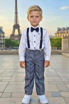 Erkek Çocuk Armalı Uzun Kol Gömlek Askılı Gri Pantolon Alt Üst Takım