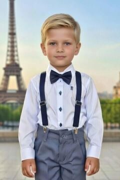 Erkek Çocuk Armalı Uzun Kol Gömlek Askılı Gri Pantolon Alt Üst Takım