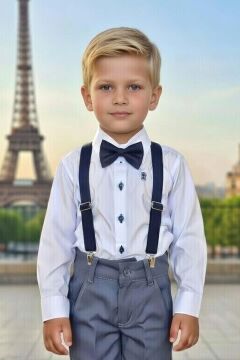 Erkek Çocuk Armalı Uzun Kol Gömlek Askılı Gri Pantolon Alt Üst Takım