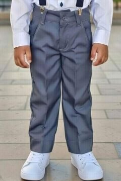 Erkek Çocuk Armalı Uzun Kol Gömlek Askılı Gri Pantolon Alt Üst Takım