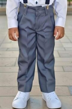 Erkek Çocuk Armalı Uzun Kol Gömlek Askılı Gri Pantolon Alt Üst Takım