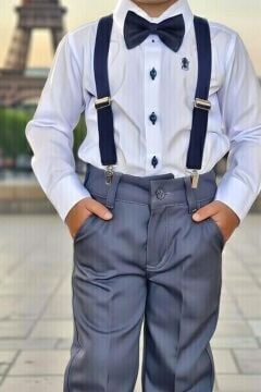 Erkek Çocuk Armalı Uzun Kol Gömlek Askılı Gri Pantolon Alt Üst Takım