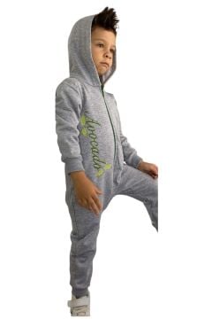 Erkek Bebek Üzerinde Avakado Yazı ve Baskılı Önü Fermuarlı Kapüşonlu Gri Tulum