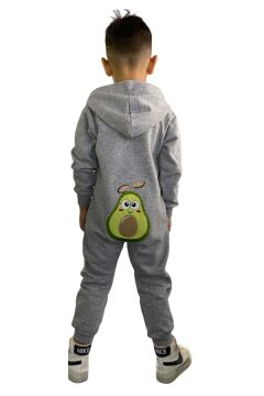 Erkek Bebek Üzerinde Avakado Yazı ve Baskılı Önü Fermuarlı Kapüşonlu Gri Tulum