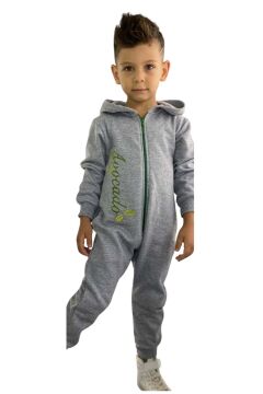 Erkek Bebek Üzerinde Avakado Yazı ve Baskılı Önü Fermuarlı Kapüşonlu Gri Tulum