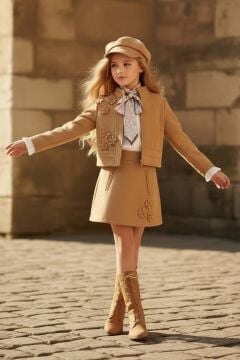 Kız Çocuk Kristal Taş Düğmeli Şifon Gömlek Çiçek Desen İşlemeli Ceket Süet Taba Etekli Takım