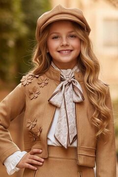 Kız Çocuk Kristal Taş Düğmeli Şifon Gömlek Çiçek Desen İşlemeli Ceket Süet Taba Etekli Takım