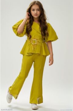 Kız Çocuk Fermuar ve Kemer Detaylı Kruvaze Yaka Hardal Alt Üst Takım